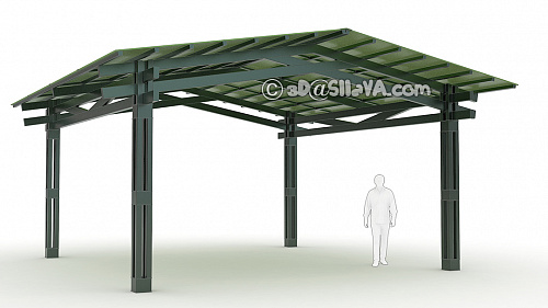 Навес металлический с двускатной светопрозрачной крышей из монолитного поликарбоната. © SllaVA.com