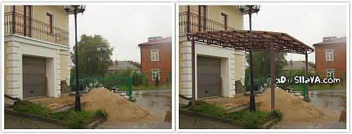 Навес для машины пристроенный к гаражу. Фотомонтаж. © SllaVA.com